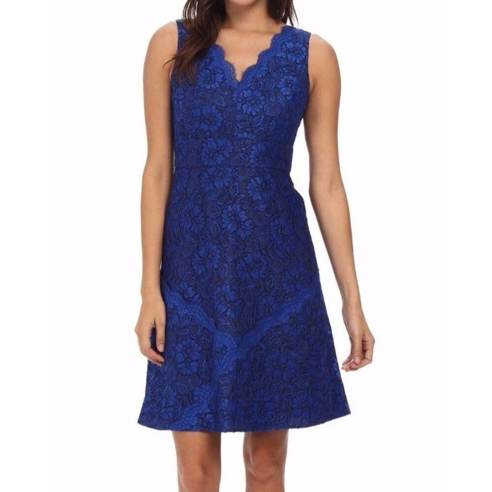 Calvin Klein Dress 8 Black Blue A Line Lace Sleeveless Career Party $158